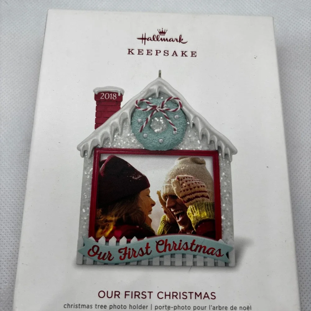 Hallmark Ornament White 2018 Our First Christmas Photo Frame House New